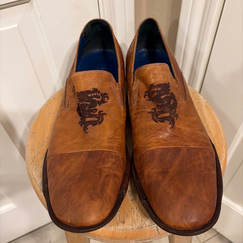 Mark Nason Mens Dragon Embroidered Loafer Tan Brown 10 Italian Leather Cap Toe